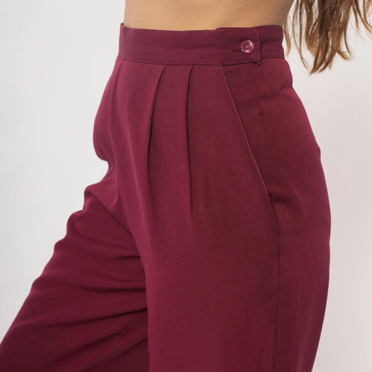 80s Burgundy High-Waist Pleated Tapered Trousers Cropped Length Medium
