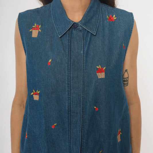 90s Allison Daley Denim Vest Embroidered Apple Basket Blue Collared Medium