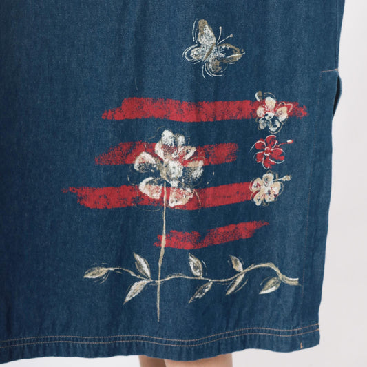 90s Blue Denim Maxi Dress Floral Butterfly Painted Tank Sleeveless Large L