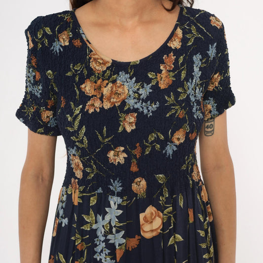 90s Impressions Navy Floral Midi Dress Smocked Empire Waist Short Sleeve Large L