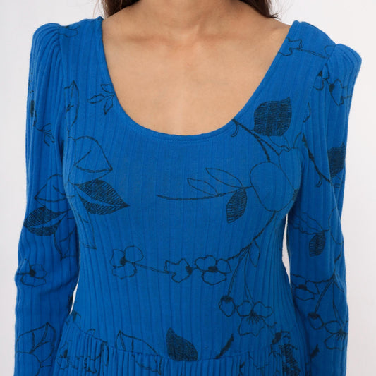 80s Blue Floral Midi Dress Gathered Shoulder Scoop Neckline Small