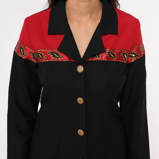 90s Willow Ridge Western Dress Black Red Color Block Gold Embroidered Small
