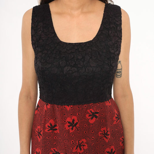 60s Colorblock Mini Dress Black Lace Bodice Red Leaf Print Empire Waist Small
