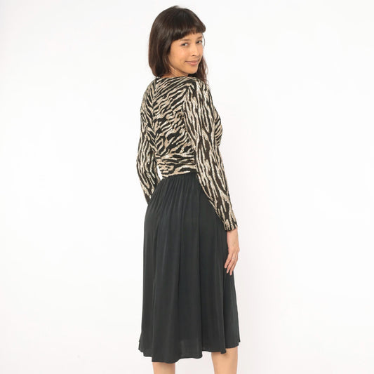 80s Ursula of Switzerland Gold Zebra Stripe Midi Dress Black Long Sleeve Medium M