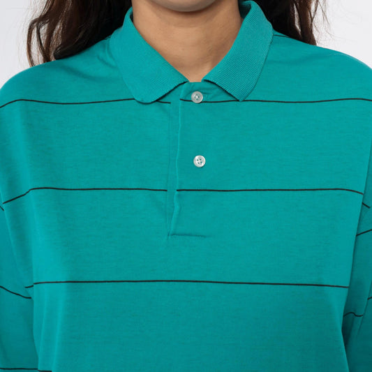 80s Chesterfield Teal Striped Polo Shirt Black Lines Cotton Large L
