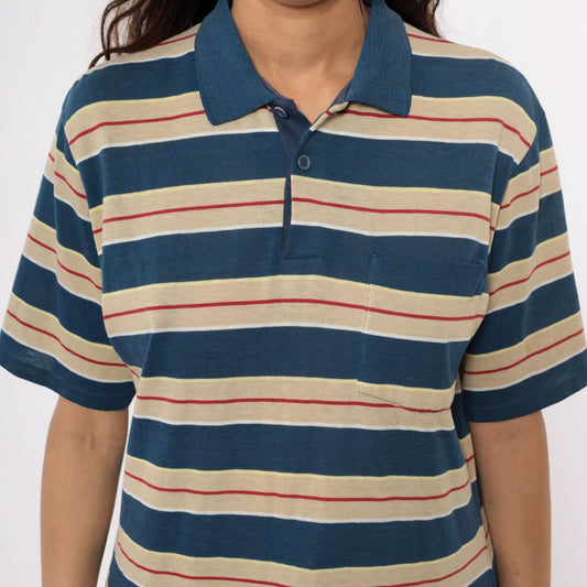 80s Striped Polo Shirt Navy Cream Red Horizontal Stripes Unisex Large