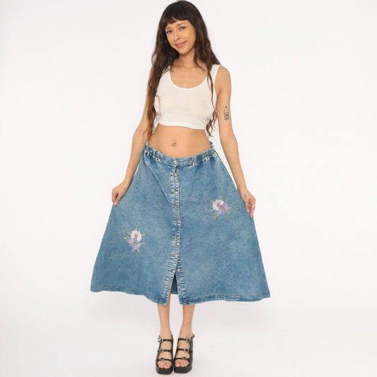 90s Carolina Bay Acid Wash Denim Midi Skirt Floral Embroidered Blue Extra Large XL