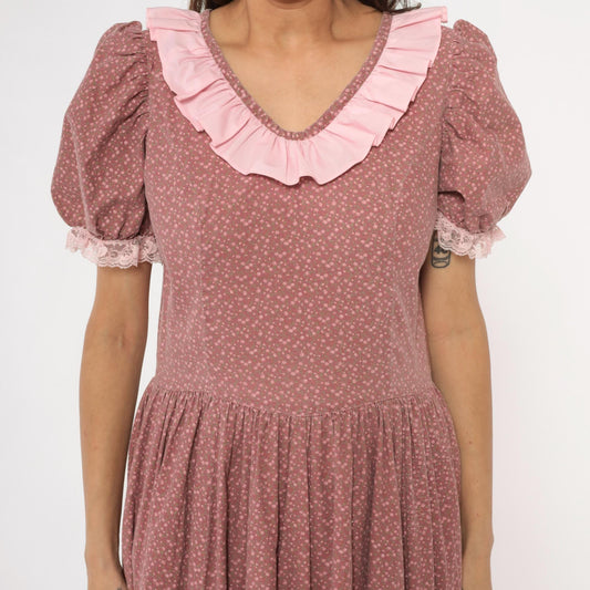 70s Prairie Dress Floral Dusty Rose Puff Sleeve Ruffle Collar Lace Trim Large L