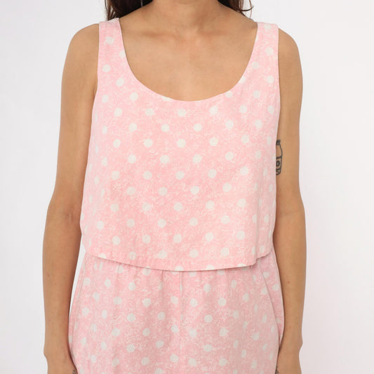90s Pink Polka Dot Cotton Sundress Sleeveless Scoop Neck Medium M