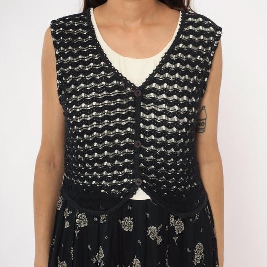 90s Molly Malloy Black Floral Midi Dress with Knit Vest Overlay Small
