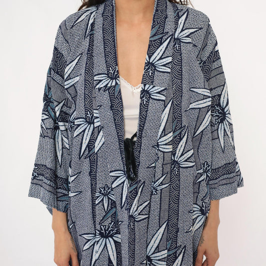 80s Blue White Botanical Kimono Robe Maxi Floral Leaf Print Medium