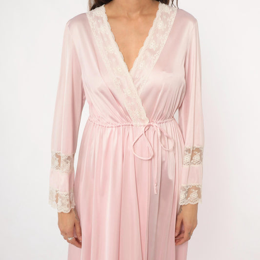 90s Pink Lace Wrap Robe Maxi Long Sleeve Tie Waist Nightgown Medium