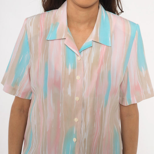 80s Allison Daley Pastel Striped Camp Collar Blouse Small Petite