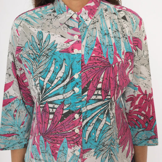 90s Tropical Batik Button Blouse Pink Teal Palm Leaf Three Quarter Sleeve Medium M