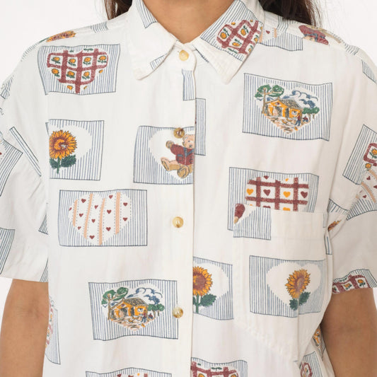 90s Cream Cotton Button-Up Shirt Sunflower Teddy Bear Heart Print Large L