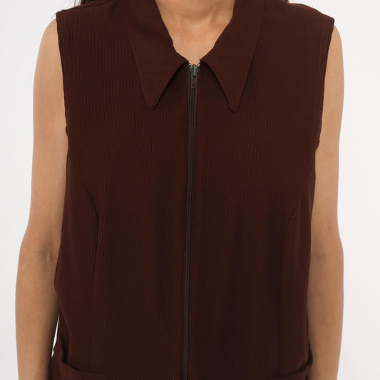 90s New Woman Brown Ribbed Knit Vest Pointed Collar Zip-Front Extra Large XL
