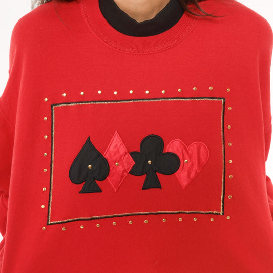 90s Jerzees Playing Card Sweatshirt Red Studded Casino Graphic Crewneck Large L