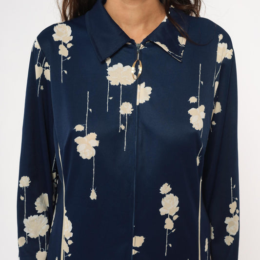 70s Lorac Floral Shirt Dress Dark Blue Cream Pointed Collar Knee Length Medium