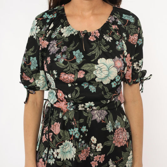 70s Black Floral Midi Dress Mint Pink Coral Tie Sleeve Small