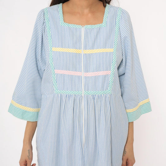 80s Saybury Seersucker Striped Dress Blue White Rickrack Trim Large