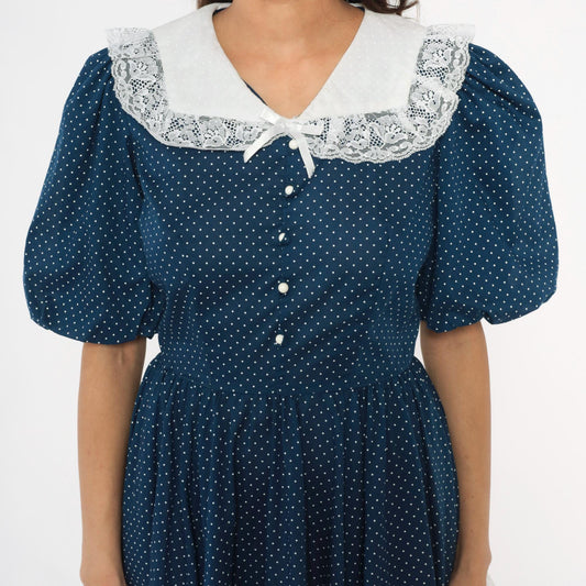 80s Navy Polka Dot Dress Puff Sleeve Lace Collar Handkerchief Hem Medium M