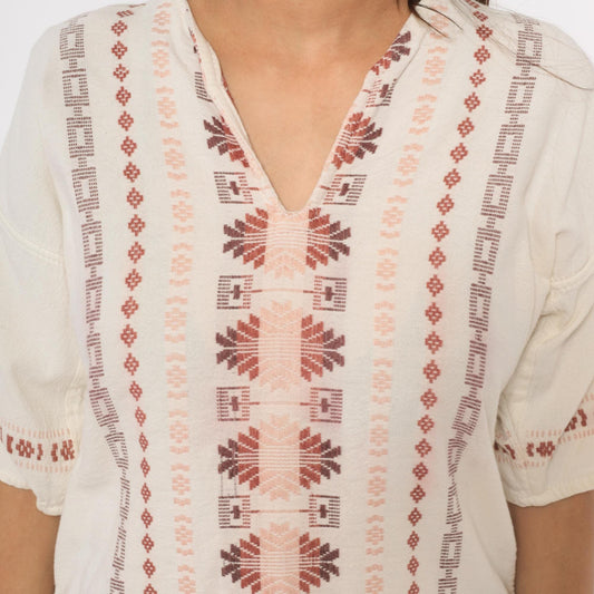 90s Cream Embroidered Blouse Cotton V-Neck Puff Sleeve Pullover Small S