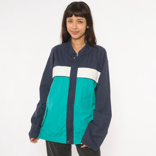 90s Tourney Colorblock Windbreaker Teal Navy White Snap Jacket Extra Large XL