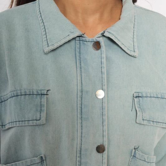 2000s Wang Luo Niu Za Light Wash Denim Crop Jacket Powder Blue Small S
