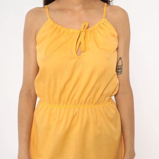 70s Yellow Spaghetti Strap Sundress Tie Neck Knee-Length Small Medium