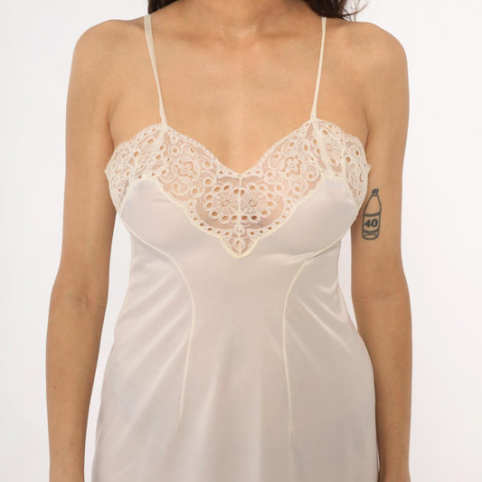 80s Chessier Ivory Slip Dress Eyelet Lace Spaghetti Strap Small