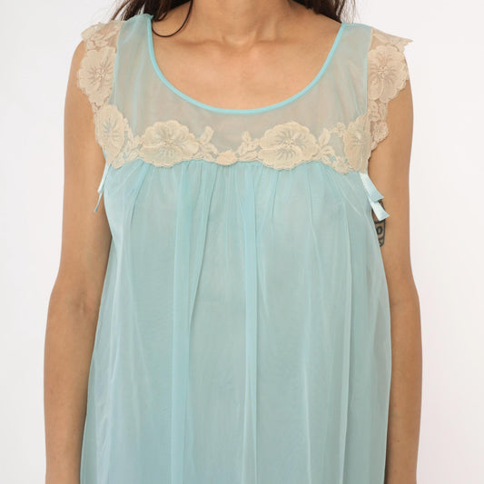 70s Aqua Babydoll Nightgown Sheer Lace Empire Waist Negligee Medium