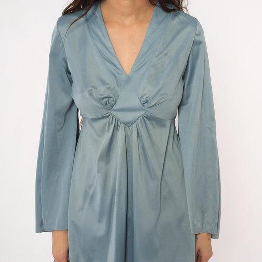 70s Powder Blue Mini Dress Bell Sleeve V Neck Empire Waist Medium M