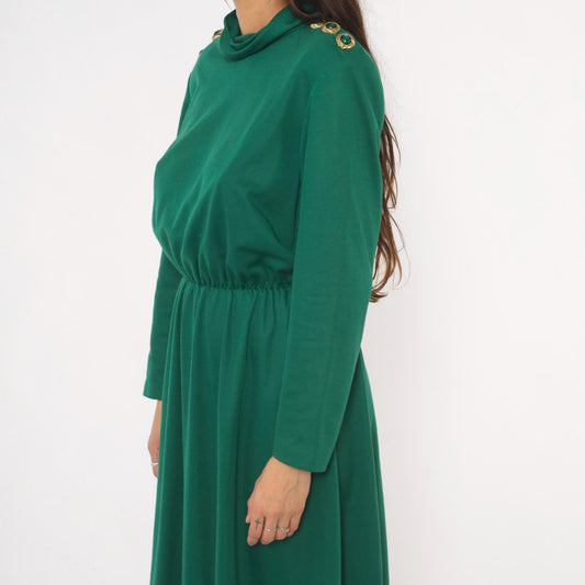 80s Impromptu Emerald Cowl Neck Midi Dress Gold Button Long Sleeve Large L