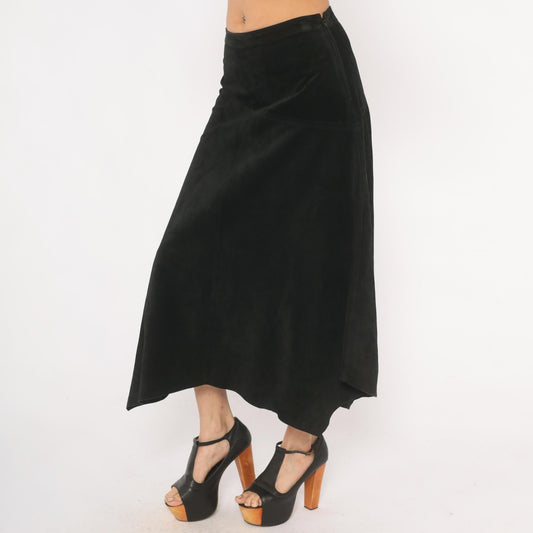 90s Provence Black Suede Midi Skirt Asymmetrical Handkerchief Hem High Waist Small