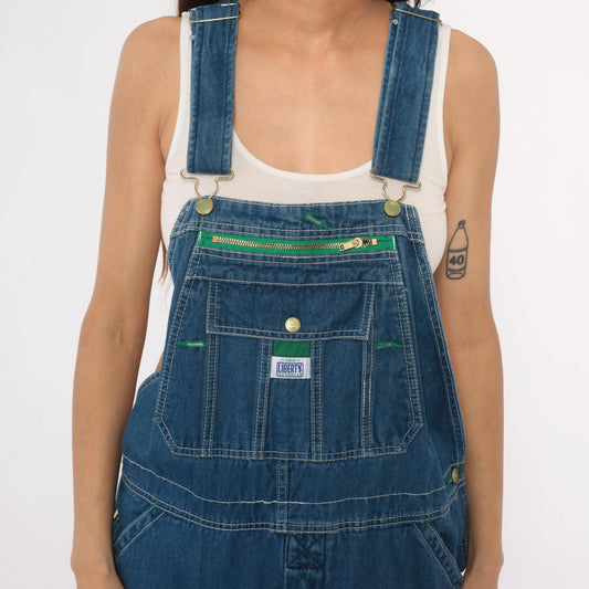 Y2K Liberty Medium Blue Denim Overalls Green Trim Zippered Bib Extra Large