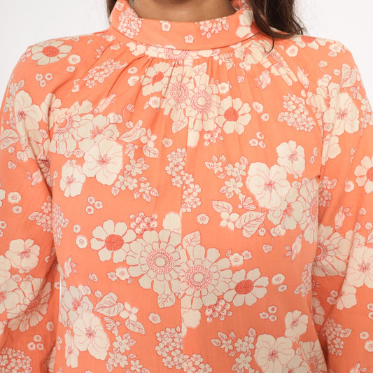 70s Orange Floral Jumpsuit Mock Neck Wide Leg Cream White Cotton Small