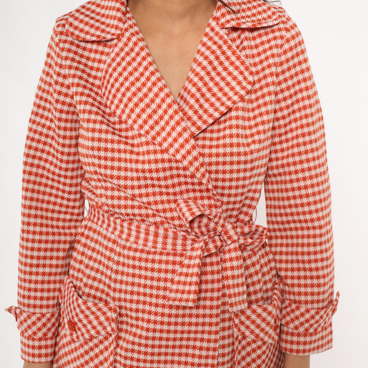 70s Houndstooth Wrap Jacket Red White Checkered Collared Blazer Medium