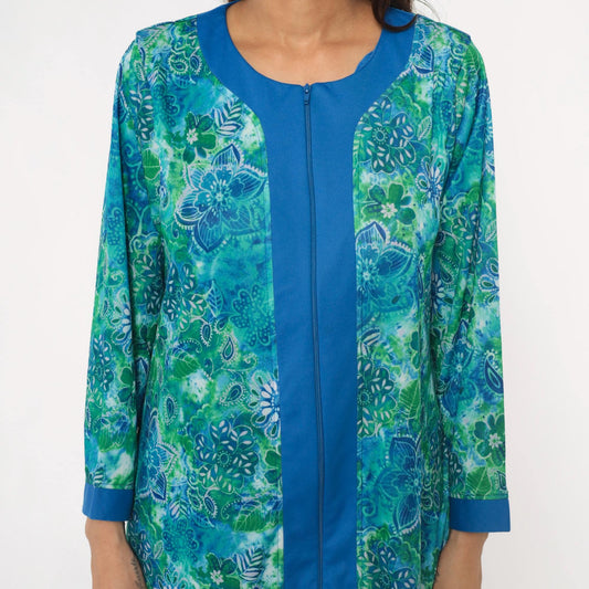 90s Botanical Print Maxi Robe Blue Green Zip Front Long Sleeve Medium M