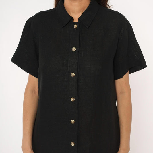 90s Harve Benard Black Linen Midi Shirt Dress Button Front Collar Large L