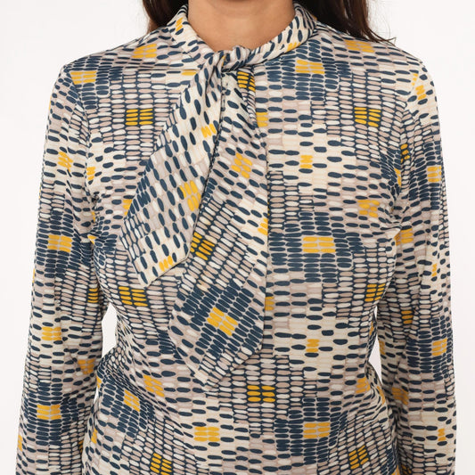 70s Sears Geometric Print Pussy Bow Blouse Navy Mustard Cream Small