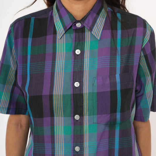 80s Plaid Button-Up Shirt Purple Green Teal Check Short Sleeve Medium