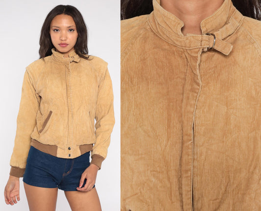 80s Tan Corduroy Bomber Jacket Zip Front Buckle Collar Extra Small XS