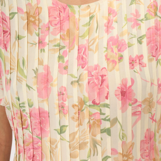 90s Teddi Floral Midi Dress Cream Pink Roses Pintuck Bodice Tie Back Large
