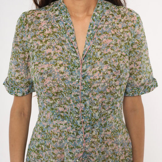 60s Laiglon Floral Midi Dress Button Front Shirtdress Cotton Medium