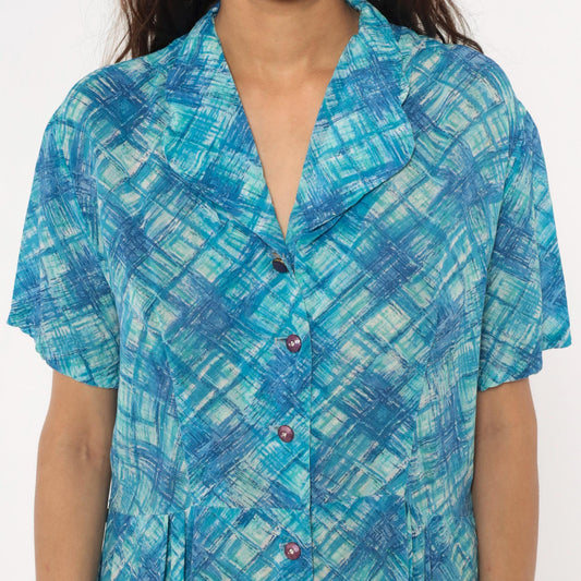 60s Blue Crosshatch Plaid Button-Front Shirtdress Short Sleeve Cotton Large L