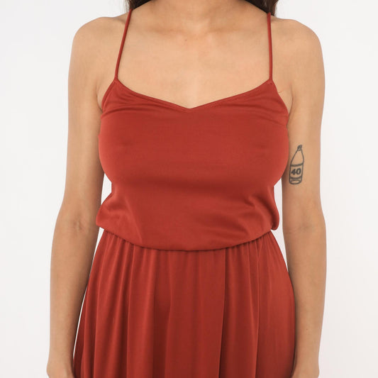 70s Niki Rust Midi Sundress V Neck Blouson Waist Flared Skirt Extra Small XS