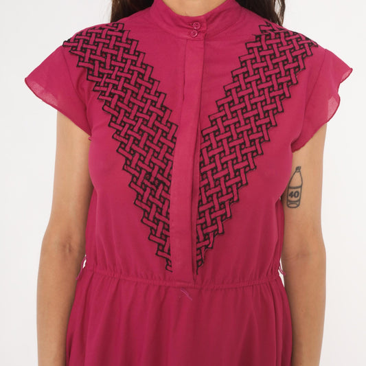 80s Good News from California Fuchsia Mini Dress Mandarin Collar Geometric Embroidery Small S