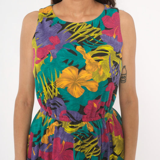 90s Ifi Tropical Floral Sundress Hibiscus Monstera Print Scoop Neck Medium M