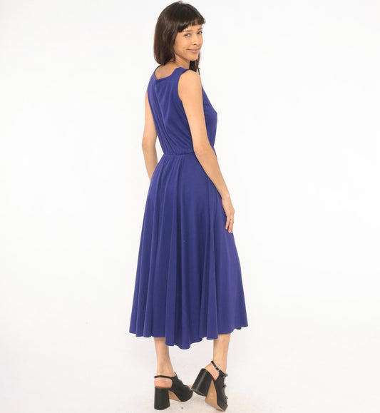 80s Rosemary Brantley Indigo Midi Sundress Scoop Neck Circle Skirt Large L