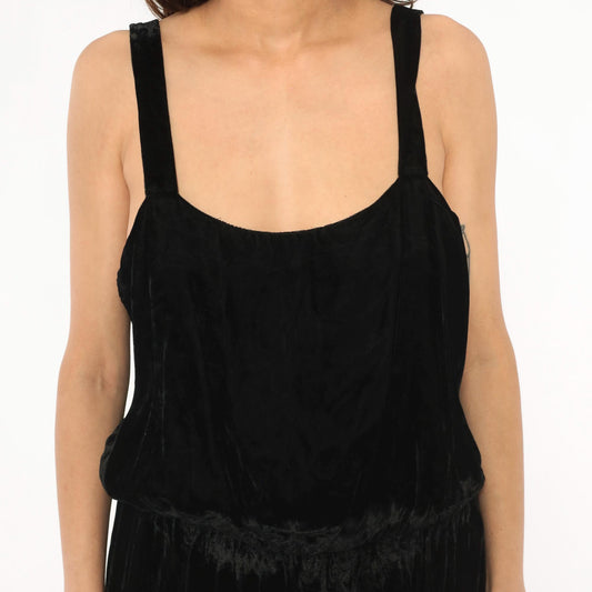 80s Black Velvet Sleeveless Dress Gathered Waist Scoop Neck Midi Large L